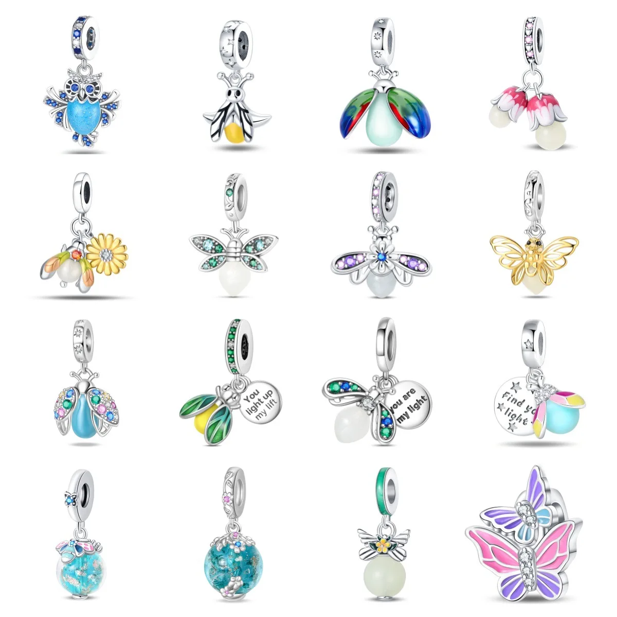 Colorful and Glowing Night-Light Firefly Charm Pendant DIY Jewelry Bracelet Charm Set Copper-Gilded Silver Export New Model