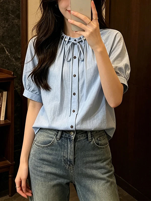 

plus Size Summer Casual Shirt Beaded Slimming Loose Meat Covering Short Sleeve Top Korean Style round Neck Regular Length