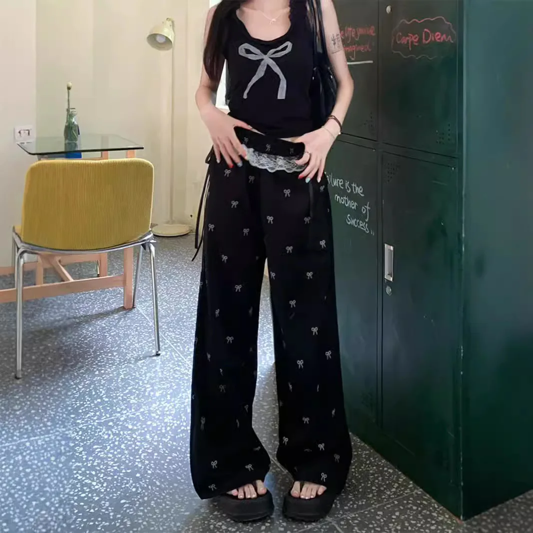 Sweet Hottie Lace Patchwork Casual Pants Bowknot Print Summer Elastic Waist Straight Trousers  Female Fashionable Y2k Style New