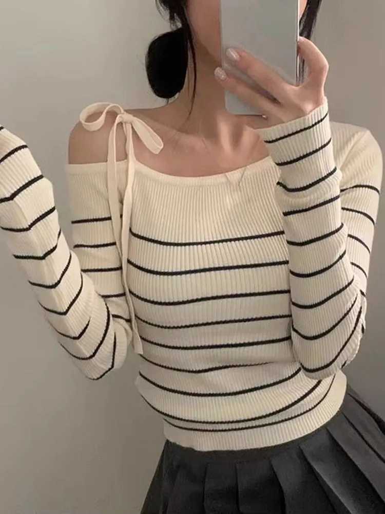 Autumn Winter New Korean Striped Color‑block Knit Asymmetrical Neck Cold‑shoulder Cami Strap Women Long‑sleeve Sweater