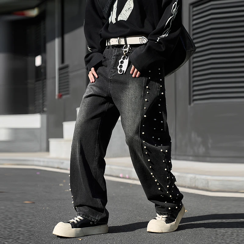 

Pearl Jeans Men Streetwear Fashion Vintage Hip Hop Loose Casual Wide Leg Baggy Jeans Denim Scimitar Pants Trousers