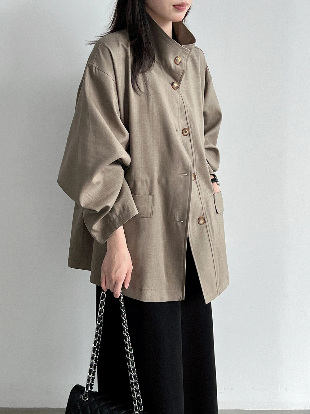2026 Spring Autumn Women Coat High Stand Collar Single Breasted Drop Shoulder Loose Mid Trench Jacket with Pockets