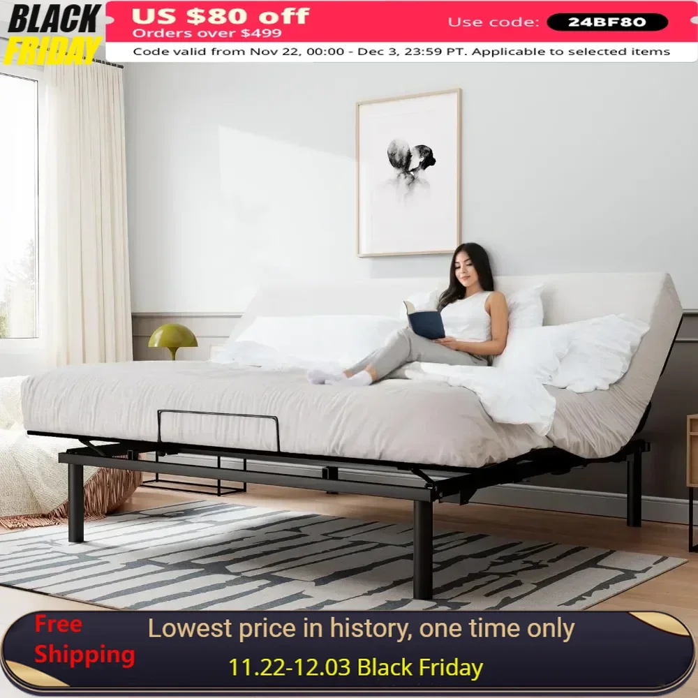 Ergonomic Adjustable Bed Base King Size, Independent Head and Foot Incline, Wireless Remote Control with Quiet Motor Bed Bases