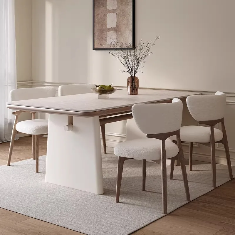 Cream wind tunnel stone rock slab dining table and chair combination, French retro solid wood rectangular household
