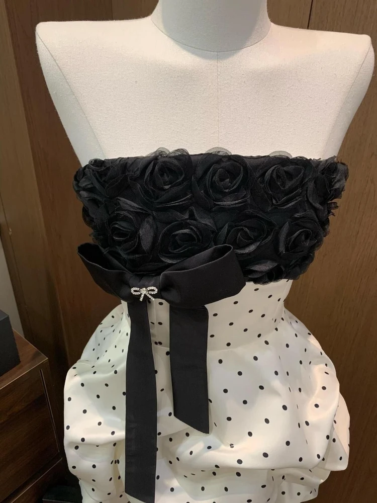 French Style Gentle Color-blocking Dresses Retro Polka Dot Bow Design Slimming Bud Dress Chic Party Floral Mini Dress for Women