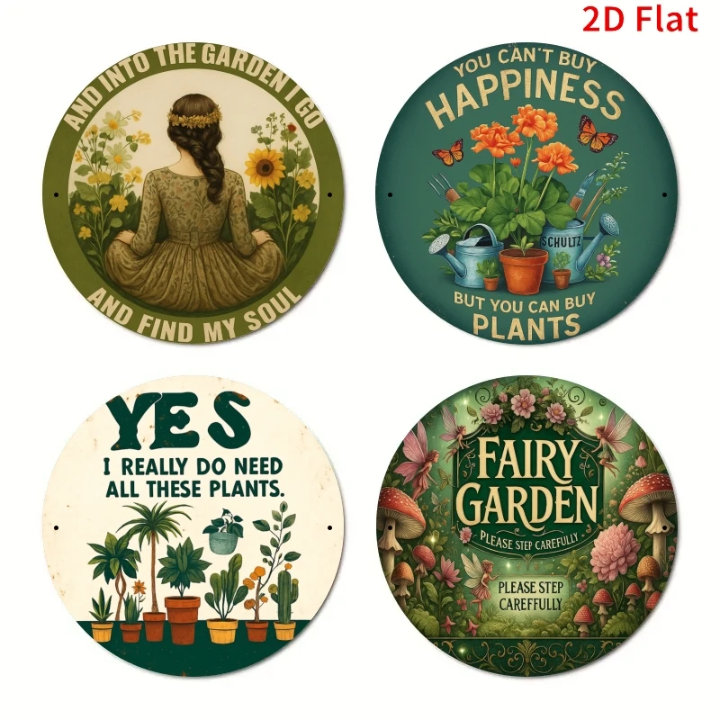 2D Flat - 2D Plane, 4pcs, Fun Gardening Quotes Round Metal Sign, Perfect Gift for Plant Lovers And Elders, Garden Additions,