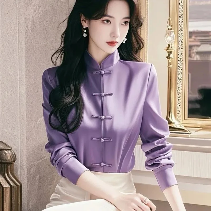 

2025New Chinese Style Purple Satin Shirt Women Spring Vintage Button-Down Collar Long Sleeve Blouse Casual Fashion Shirt Top Y2K