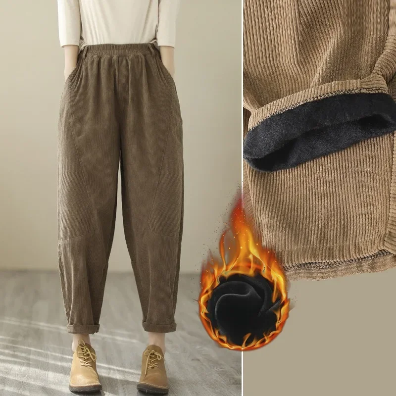 New Sports and Leisure Baggy Pants 2024 Vintage Corduroy Haren Pants with Fleece Thickened Waist Slimming Women's Casual Pants