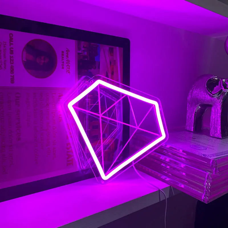 Diamond Neon Sign Wedding Decor Room Home Shop Bar Party Club Game Room Wall Decor Neon Art LED Light Personality Girl Gift USB