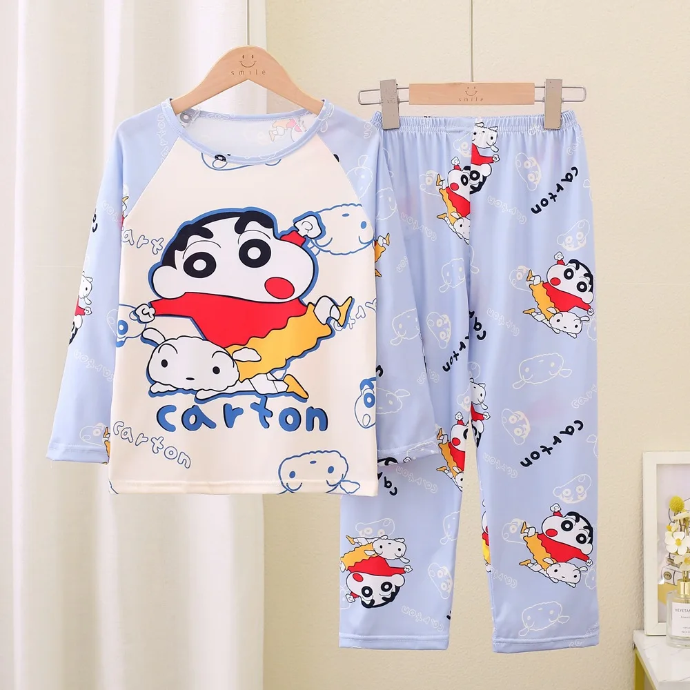 Anime 2Pcs Cartoon Crayon Shin-Chan Children Pajamas Long-Sleeved Pants Set Kawaii Girls Cute Casual Loose Sleepwear Clothes