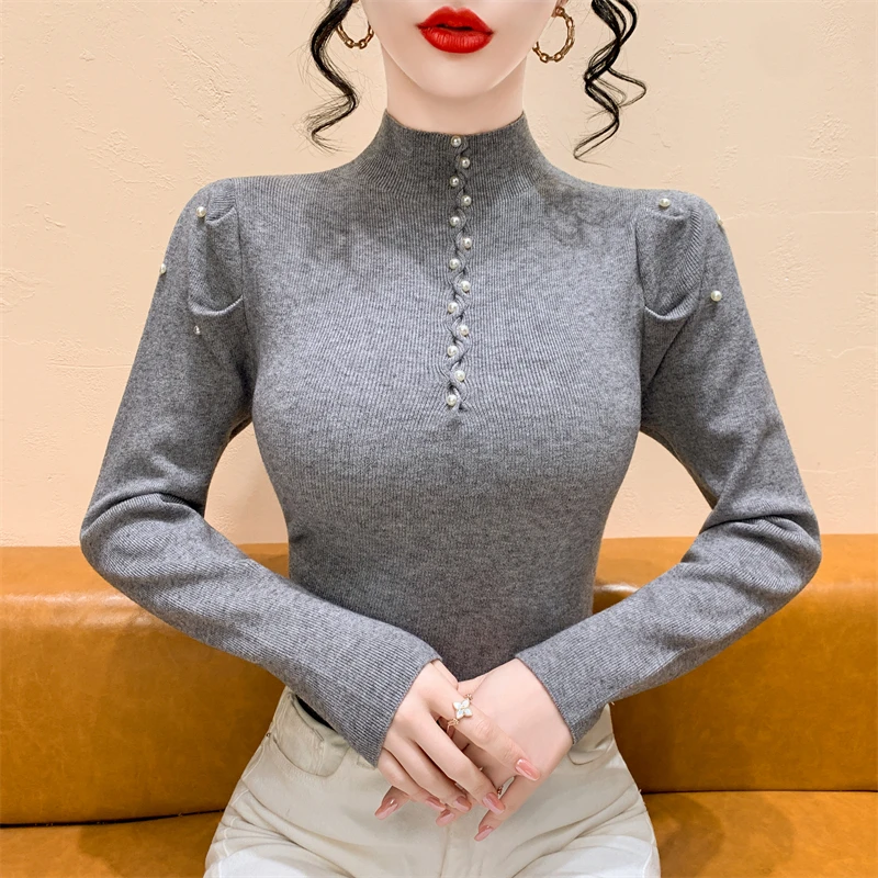 Slim Fit Damen Strickpullover Pearl Embellied f High Collar Base Layer Bubble Sve Top für Herbst Winter Faion