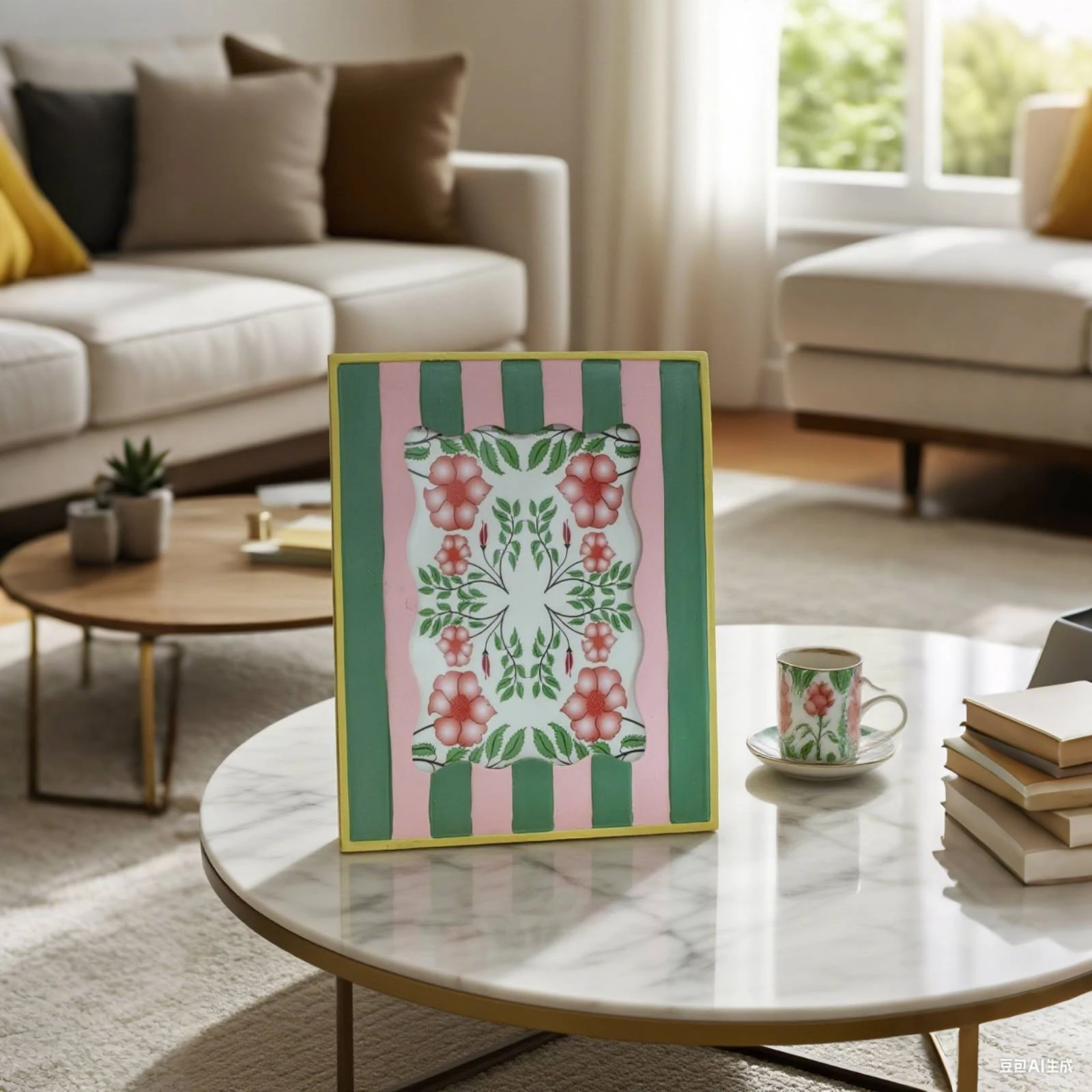 Picture Frame with Scalloped Edge Textural Photo Frame with Striped Pattern Decor Boho Casual for Table, Shelf