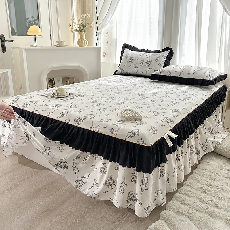 Jupe de lit noire et blanche, 1 pièce, jupe de lit imprimée Queen/King Rose avec volants, jupe de drap de sommier cache de Style français