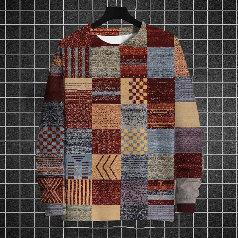 

3D Printed Checkered Hoodie For Men Color Block Pattern Sweatshirts Autumn Long Sleeves Unisex Loose Hoodies Round Neck Tops