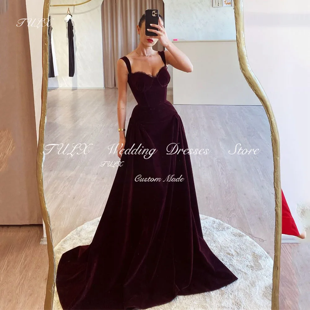 

TULX Elegant Sweetheart Velvet Formal Evening Dresses Burgundy Strap Long Party Dress Arabic Women Formal Event Dress Customized