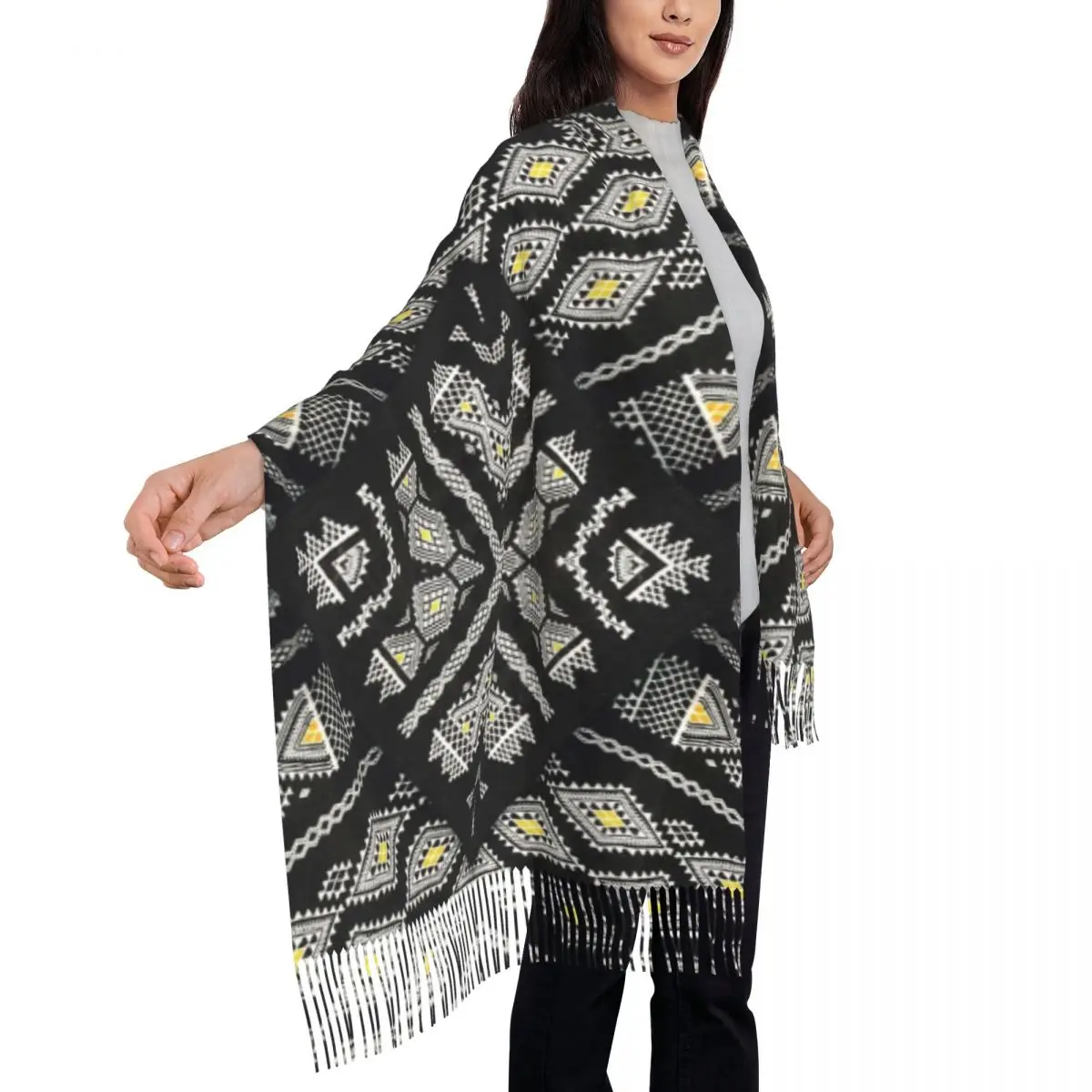 Stijlvolle Kabyl Amazigh Tapijt Kwastje Sjaal Vrouwen Winter Herfst Warm Sjaal Wrap Lady Afrika Berber Etnische Geometrische Sjaals