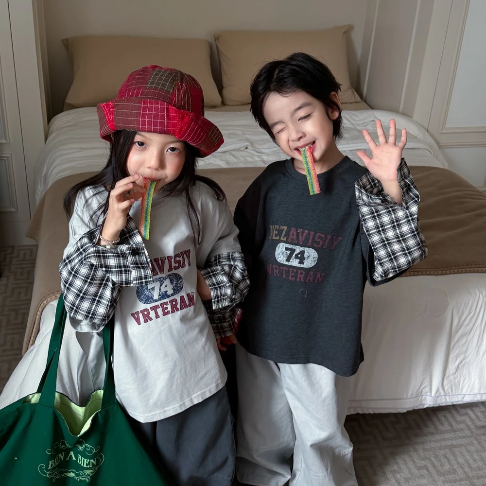 Boys T-shirt 2026 Spring and Autumn New Children's Clothing Korean Style Boys and Girls Casual False Two Letter Check T-shirt