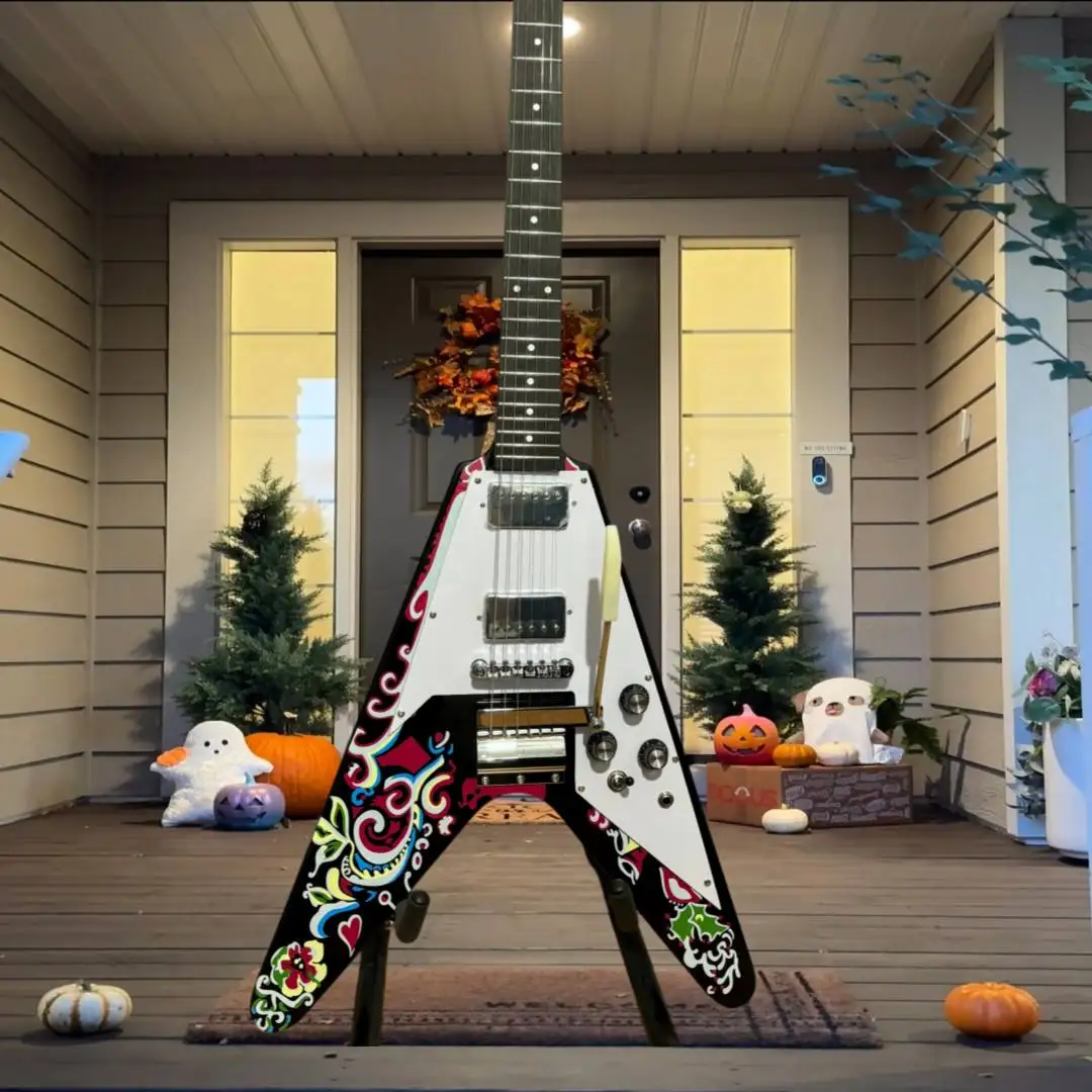 Jimi Hendrix Love Drops Flying VO Electric Guitar Dual HB Fixed Bridge Psychedelic Hand Painted White Black Rock Blues Collector