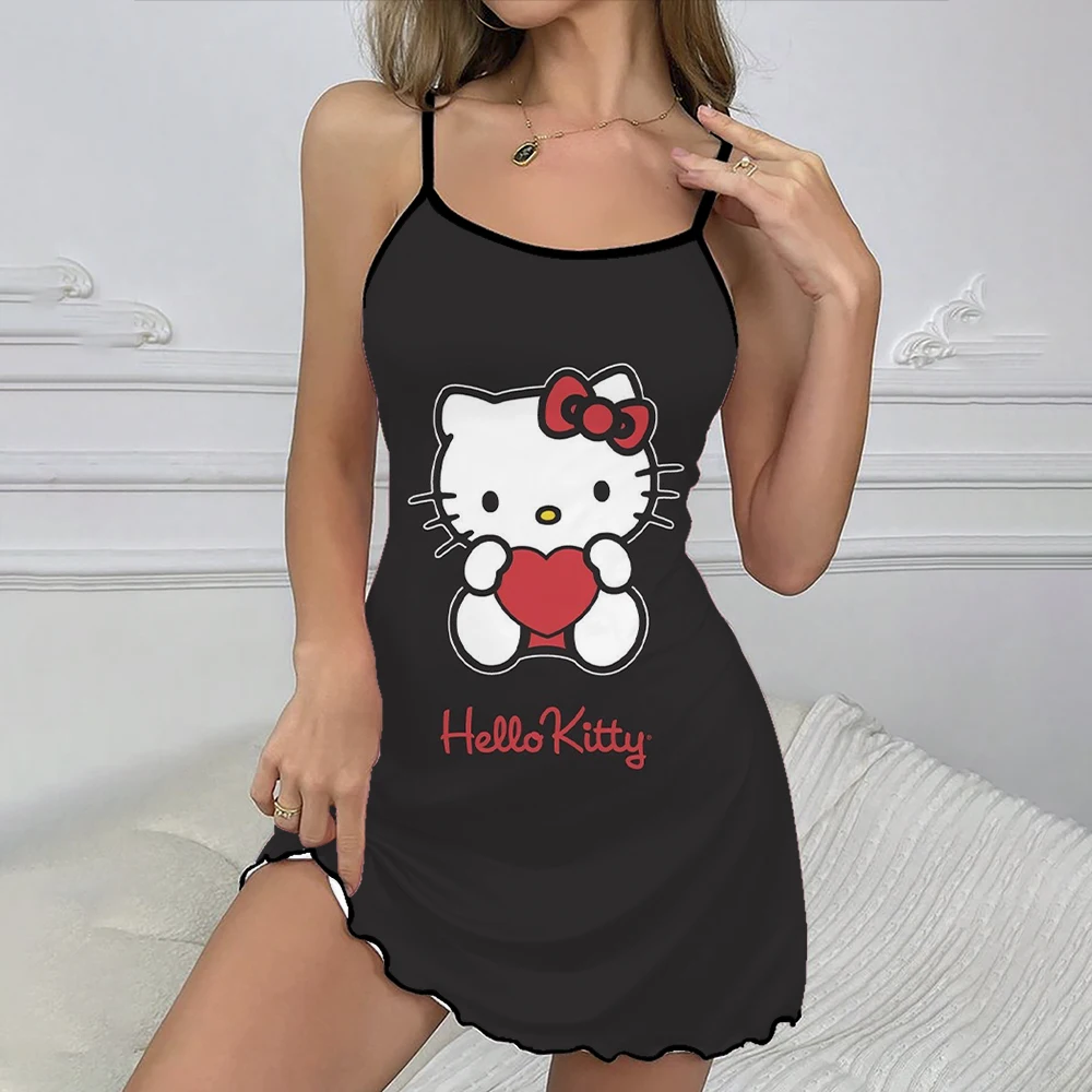 

Lettuce trim round neck elegant dress ladies Hello Kitty print sexy dress fashion summer dress 2024 chic mini trim collar