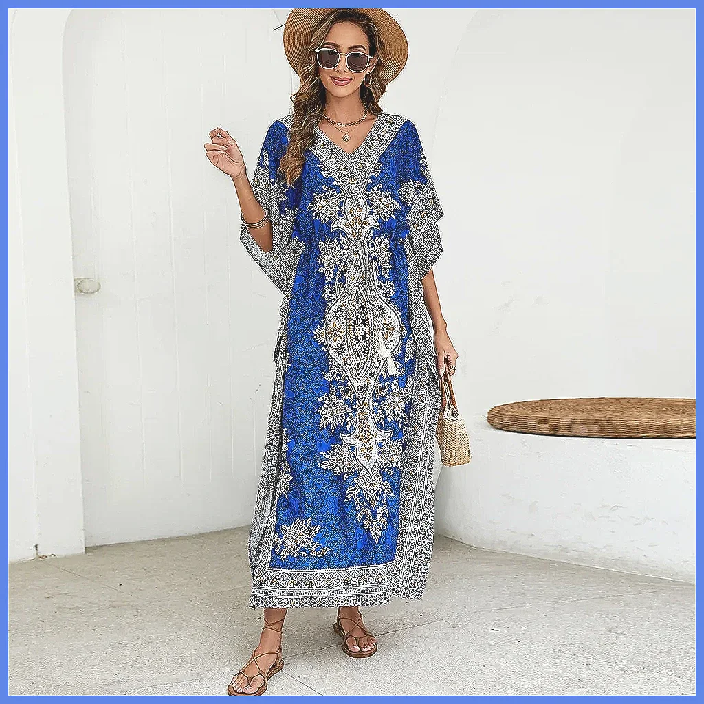 Abito Copricostume Bohemien Lungo con Scollo a V, Vestito Ampio Protettivo Solare da Donna