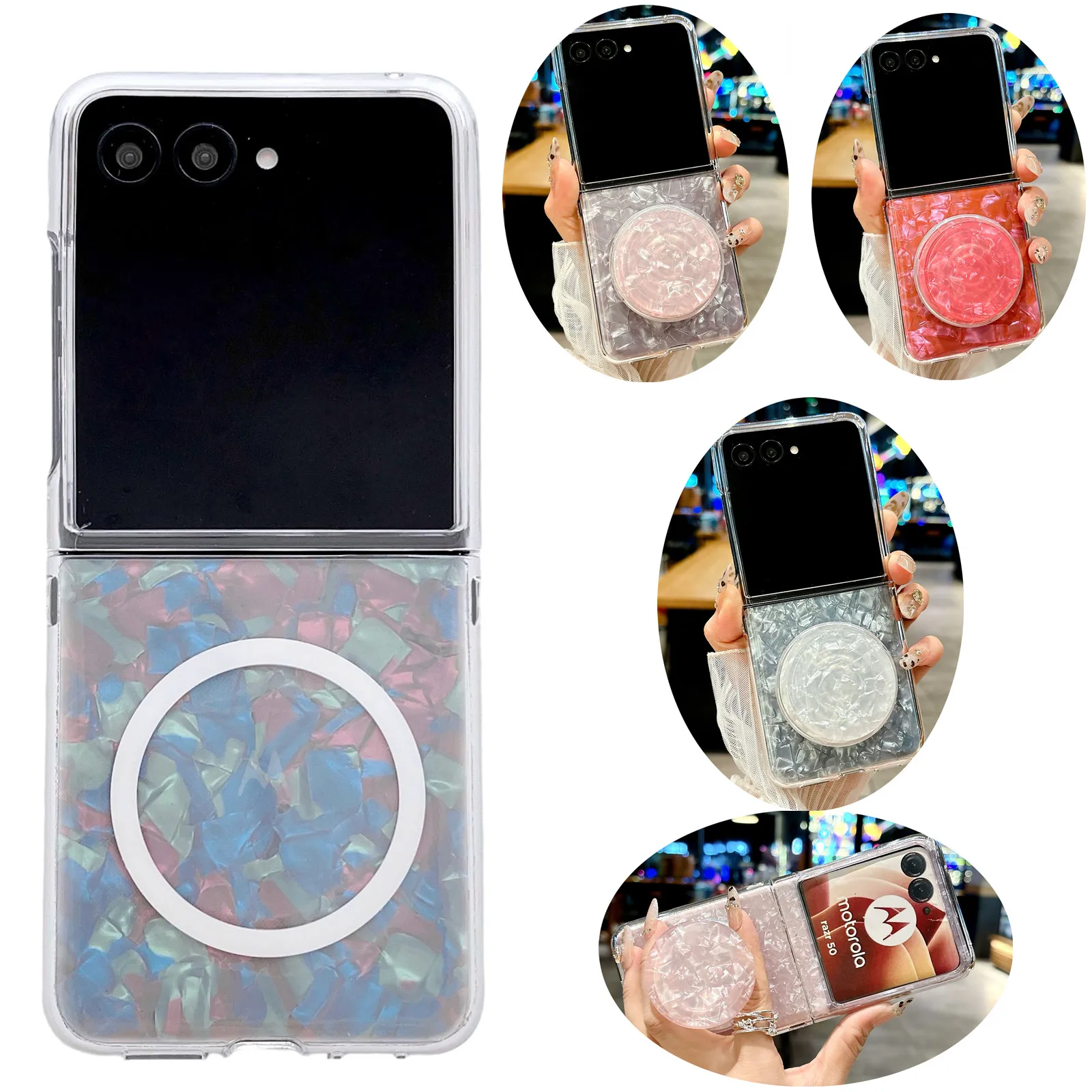 

2in1 Thin Hard Plastic For Magsafe Ring Case For Motorola RAZR 60 50 Ultra 2025 2024 Glossy Glitter Shell Pattern Armor Cover