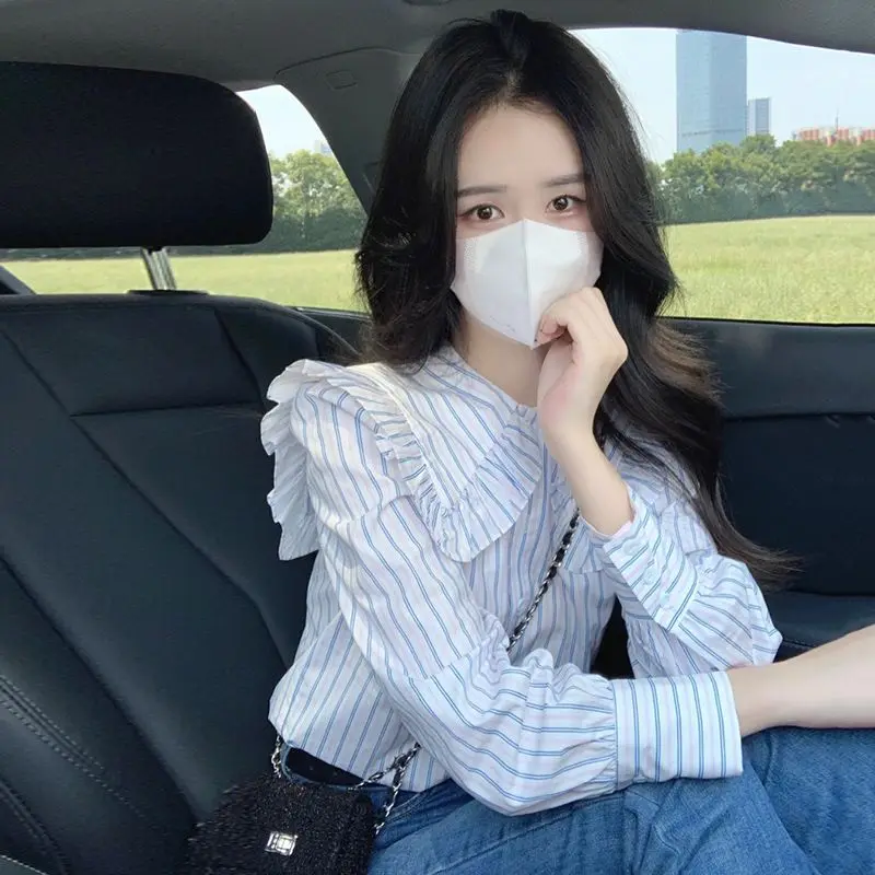 Elegant Fashion Harajuku Slim Fit All Match Blusa Stripe Korean Version Doll Collar Long Sleeve Tops Women Loose Female Clothes