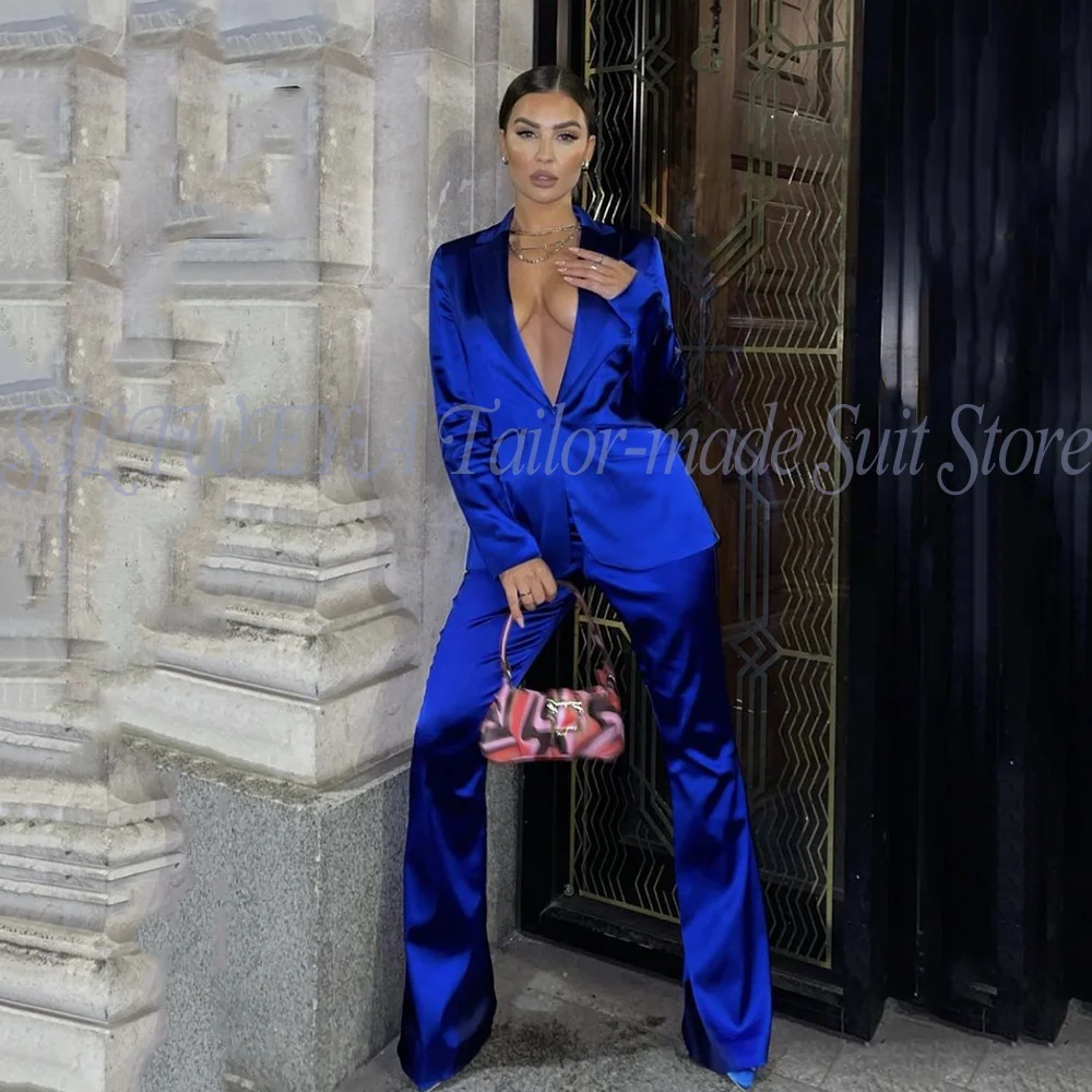 

Spring Luxury Women's Satin Office Chic Outfit Elegant High Quality Single Breasted Pant Suits Set Fashion 2 Pieces For Women