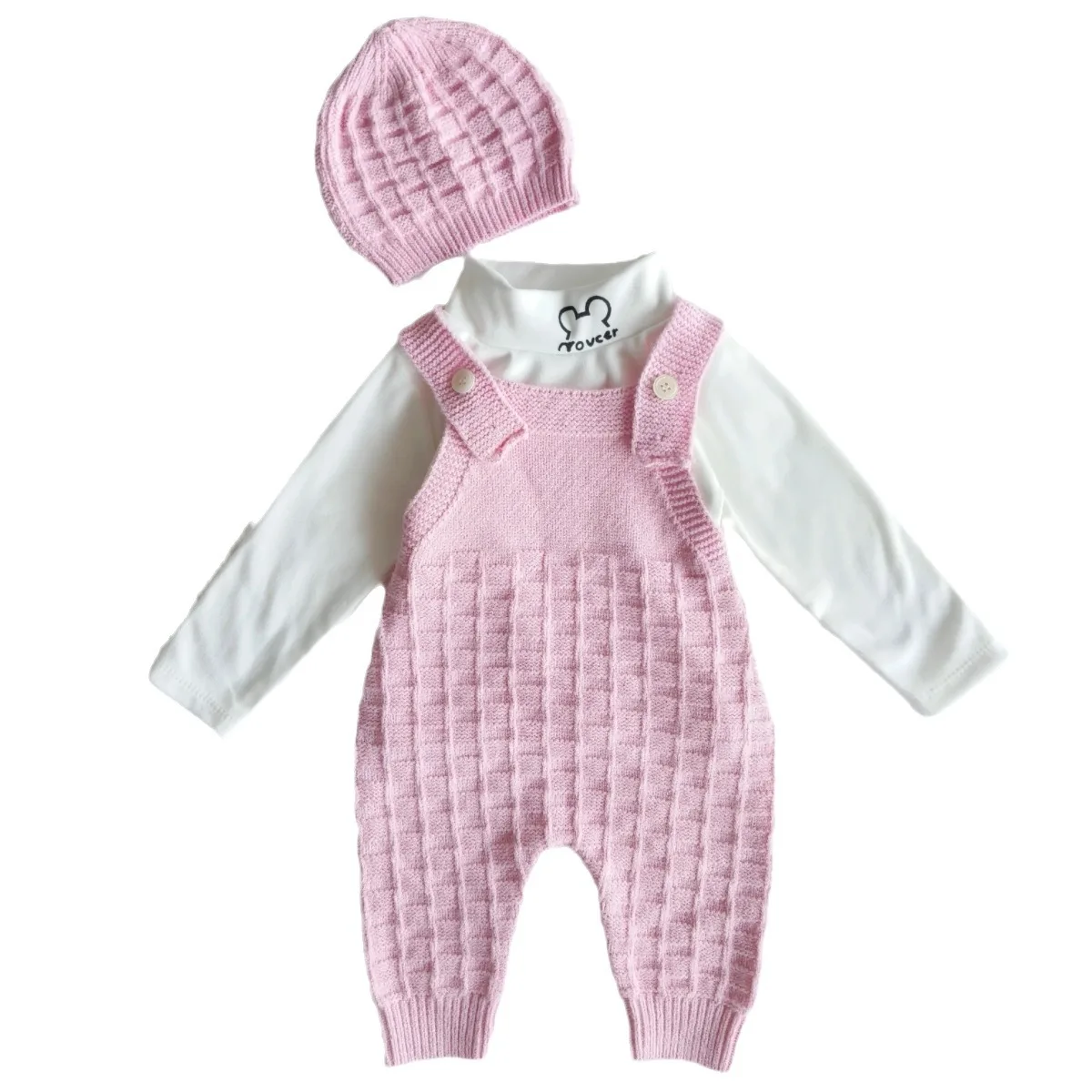 Hot selling autumn and winter season new sweater baby solid color suspender jumpsuit+hat set cute newborn