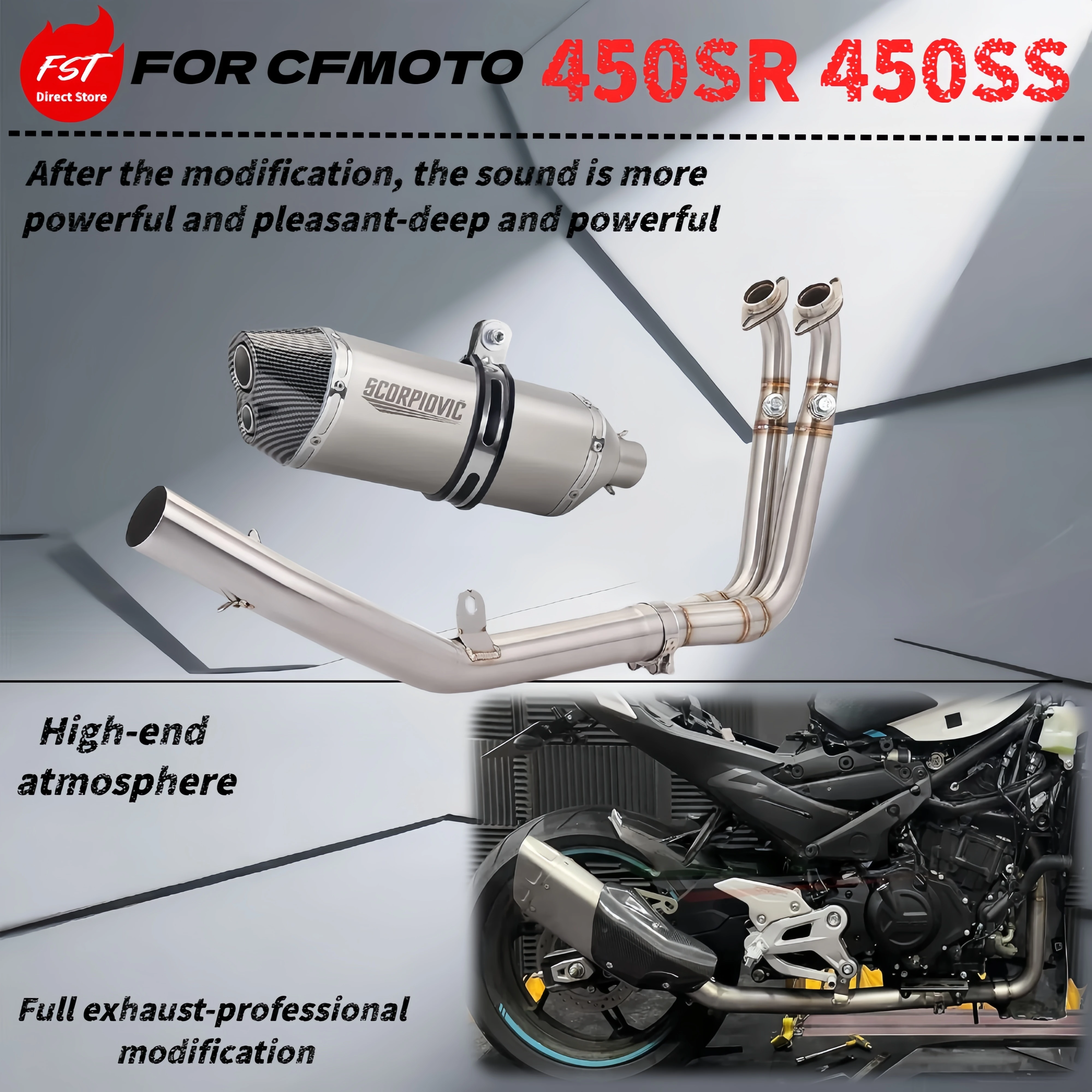 

For CFMOTO 450SR stainless steel exhaust pipe - full section combination set - the sound is rich, pleasant and powerful