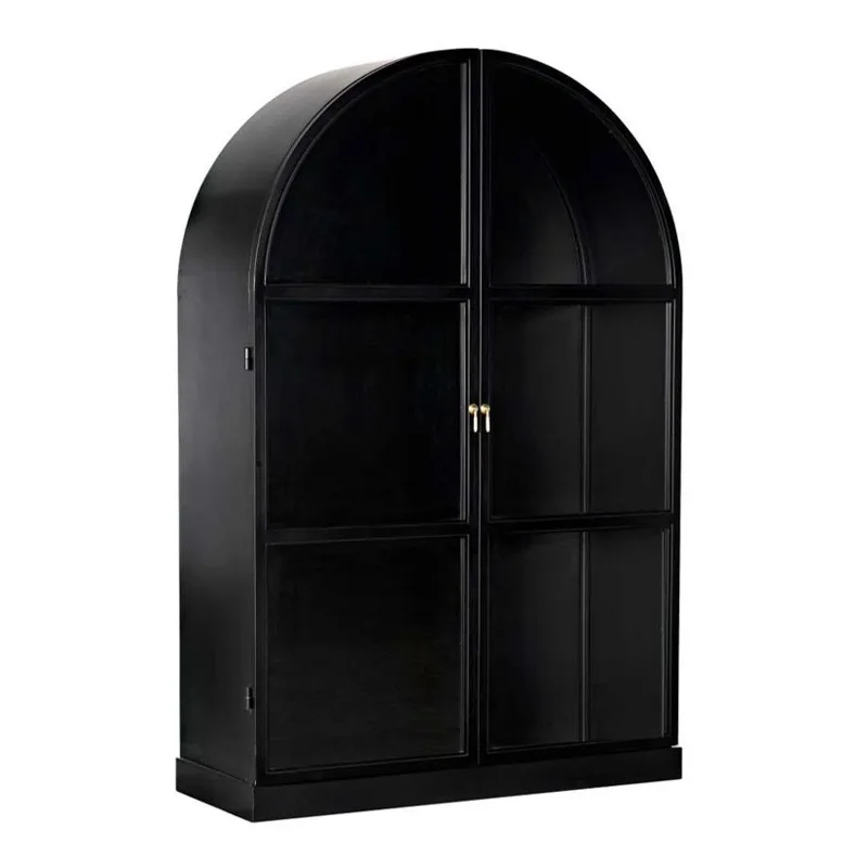 Nordic side cabinet black arched all solid wood decorative bookshelf French retro wine cabinet