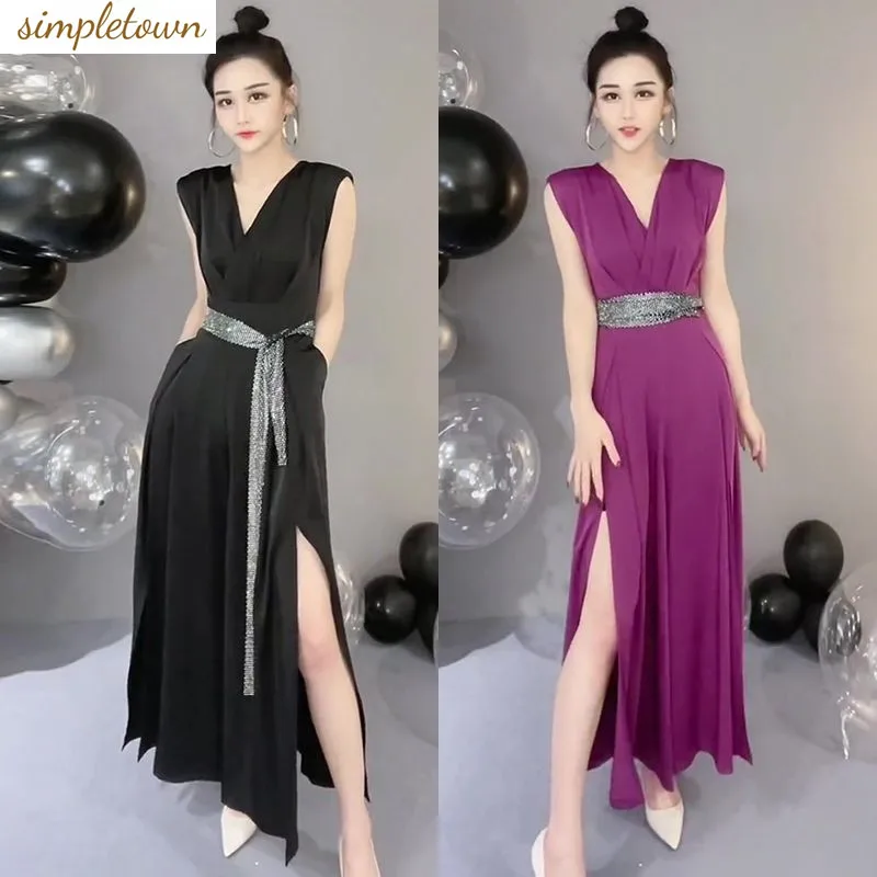 Slimming Jumpsuit with Split Open Wide Leg Pants Summer Temperament Goddess Style Sleeveless V-neck Slimming Jumpsuit