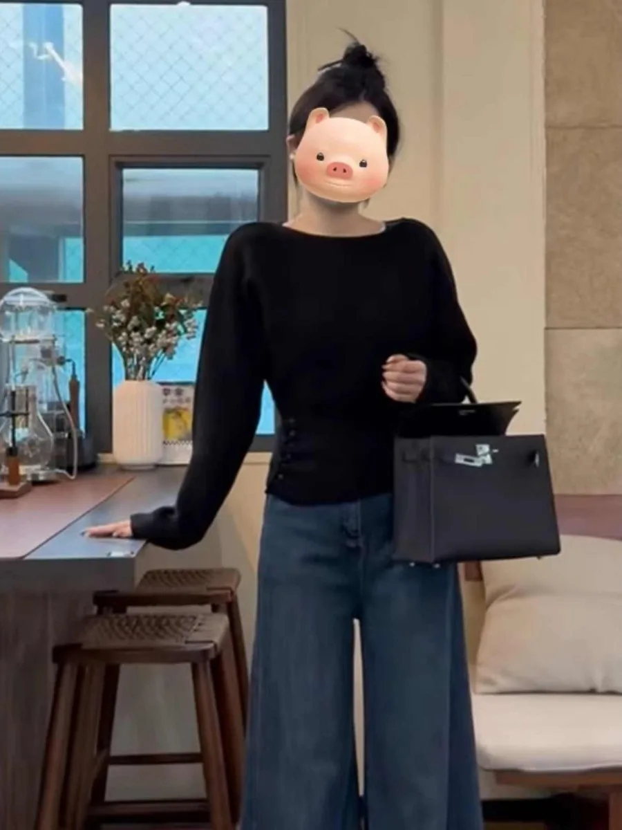 한국 슬레 여성 니트 원숄더 스웨터 슬림핏 롱 스웨터 라운드 넥 베이스 이너웨어 캐주얼 데일리 탑