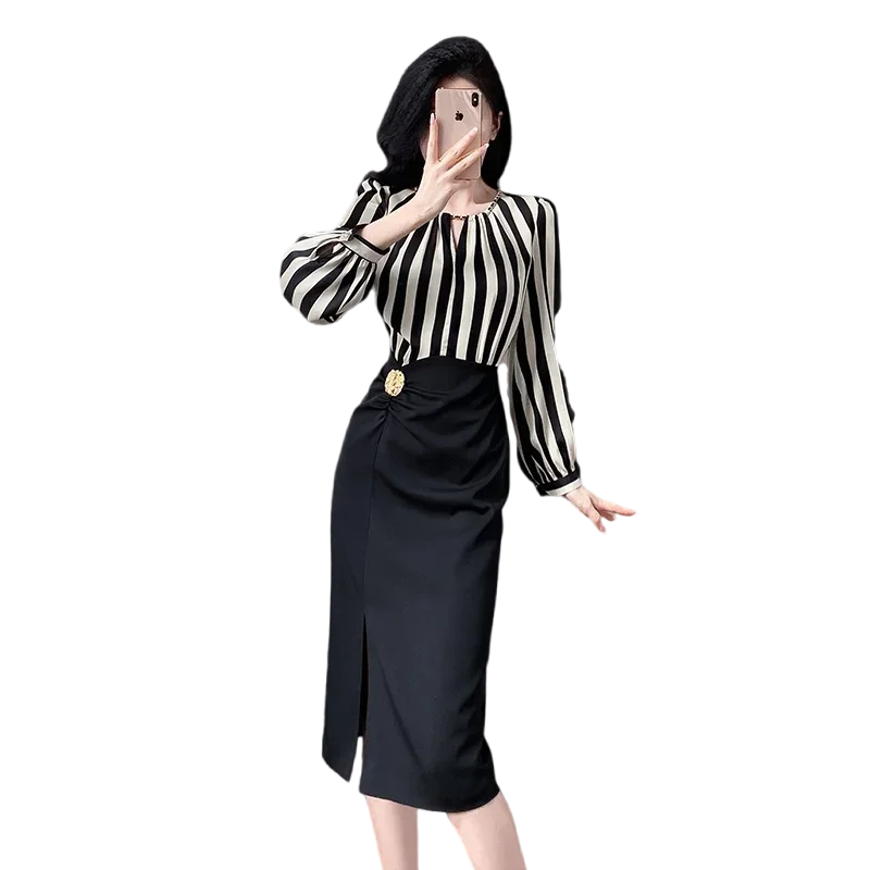 Elegant Striped Long-sleeved Slim Long Pencil Dress Formal Party Office Lady Work