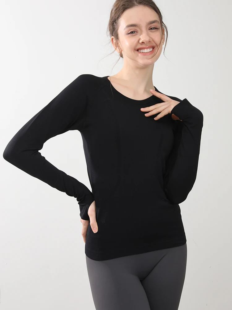 Nahtloses Yoga-T-Shirt für Damen, Sport-Top mit Rundhalsausschnitt, schmal geschnitten, langärmelig, für Laufen, Fitness, Workout, Gym – Detail 8