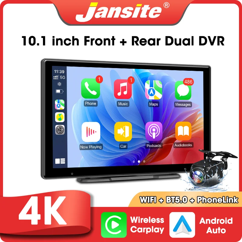 10.1 inch Dash Cam 4K 3840*2160P Car DVR Carplay & Android Auto Wireless Connection Rearview Camera GPS Navigation Dashboard FM