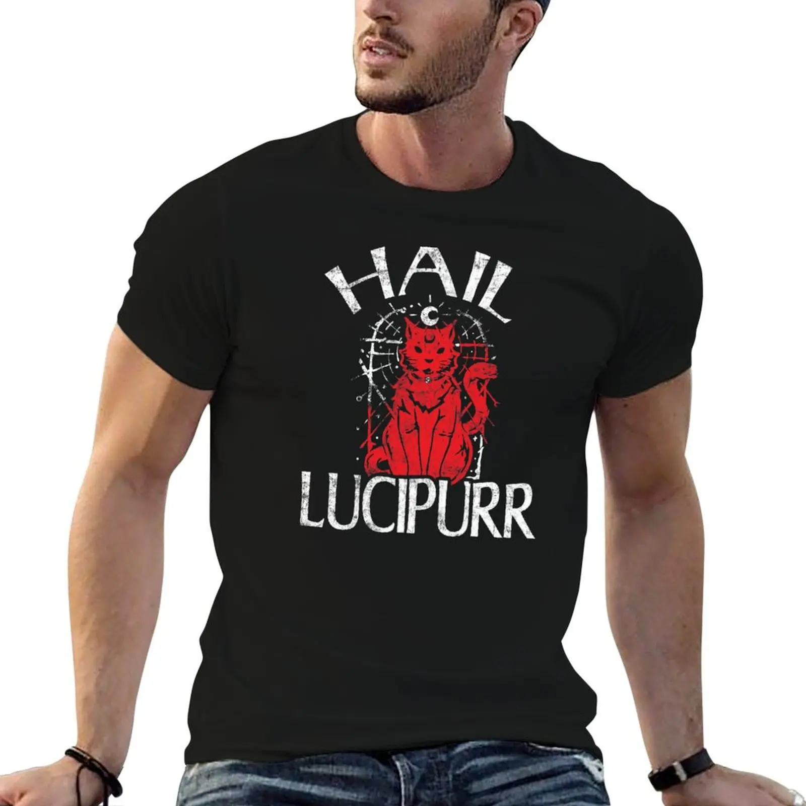 Hail Lucipurr - Cat Lover Owner & Satan Lover - Distressed Style T-Shirt Labor Work Casual T-Shirt