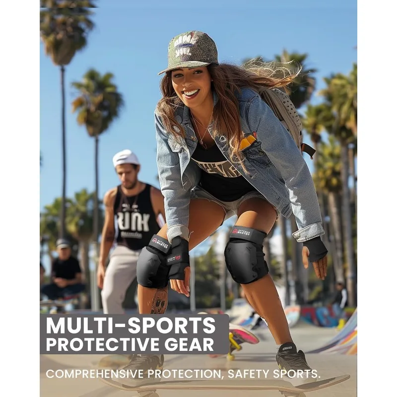 مجموعة وسادات الركبة والكوع للبالغين من OutdoorMaster معدات حماية للتزلج مع واقيات للمعصم - للبالغين والشباب باللون الأسود، L - [6 قطع]