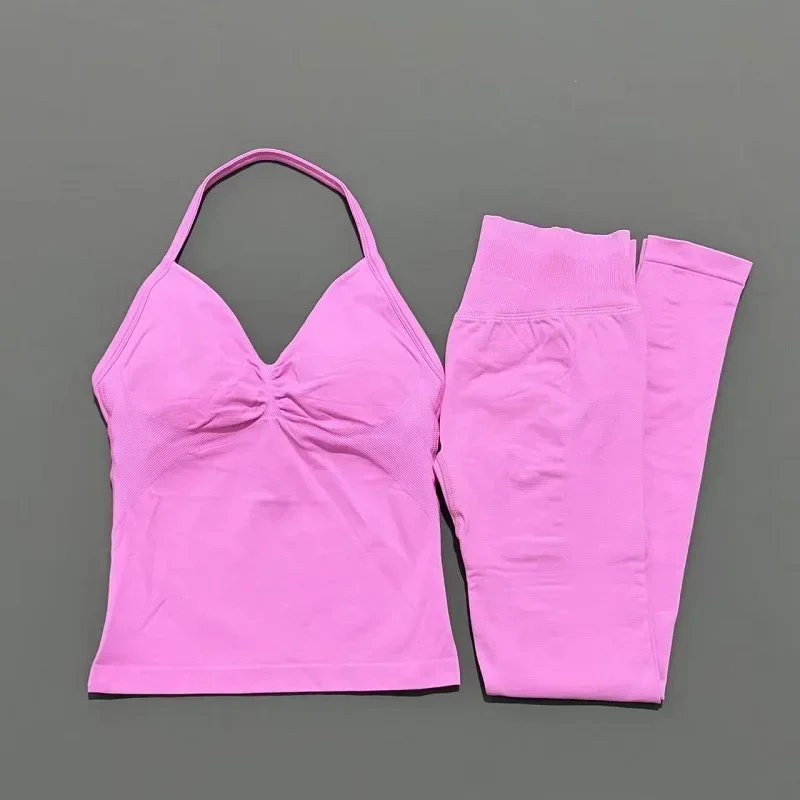 2 قطعة مجموعة رياضية النساء الخطوط الطويلة Strappy ملابس اللياقة البدنية سلس اليوغا مجموعة تجريب Scrunch الصالة الرياضية طماق تشغيل الرياضة مجموعة