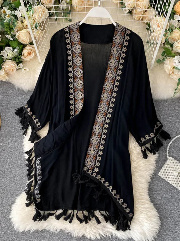 New Bohemian Retro Ethnic Print Sunscreen Shirt Tops Thin Sunscreen Cardigan Tassel Stitching Tops Women GD695