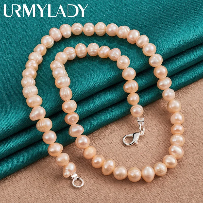 URMYLADY 925 Sterling Silver 7-8mm Pearl Chain Necklace Lobster Clasp For Women Man Wedding Fashion Engagement Jewelry