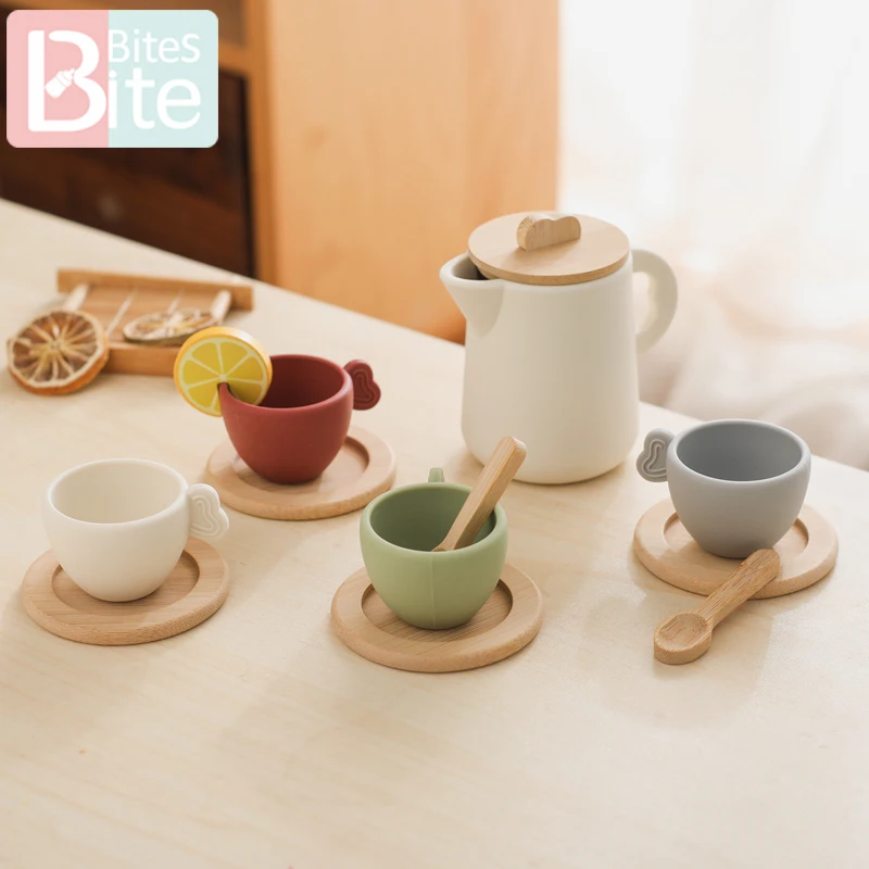 

10pc Baby Coffee Machine Toy Set Wooden Kitchen Supplies Coffee Machine Model Children Play Simulation Coffee Cake Pretend Toys