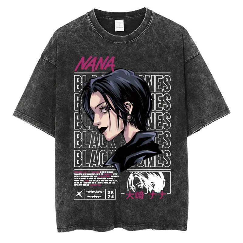 Pop Summer NANA Comic Washed-out Vintage Short-sleeved Nana Ozaki Black Stones Band Retro T-shirt for Men and Women