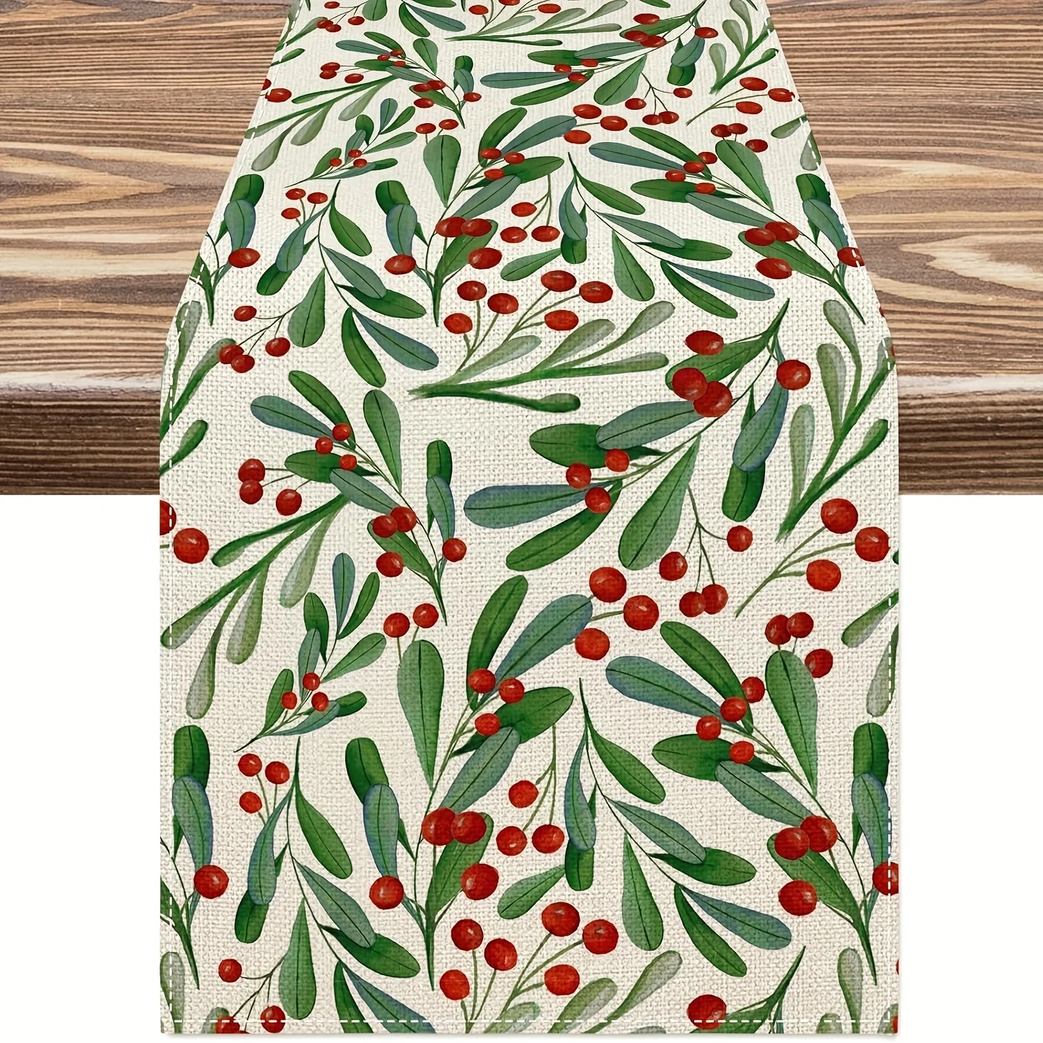 Christmas Holly Leaves Berry Linen Table Runner Party Decor Washable Winter Kitchen Dining Table Runners Christmas Decorations