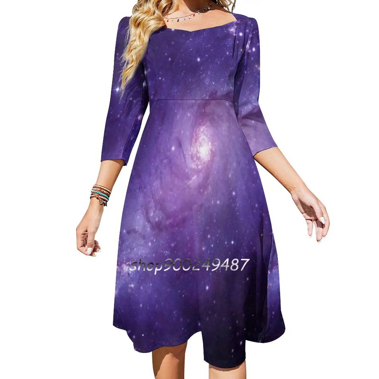 Purple Milky Way Star Galaxy Cosmos Starry Sky Sweetheart Knot Flared Dress Fashion Design Large Size Loose Dress Purple Milky