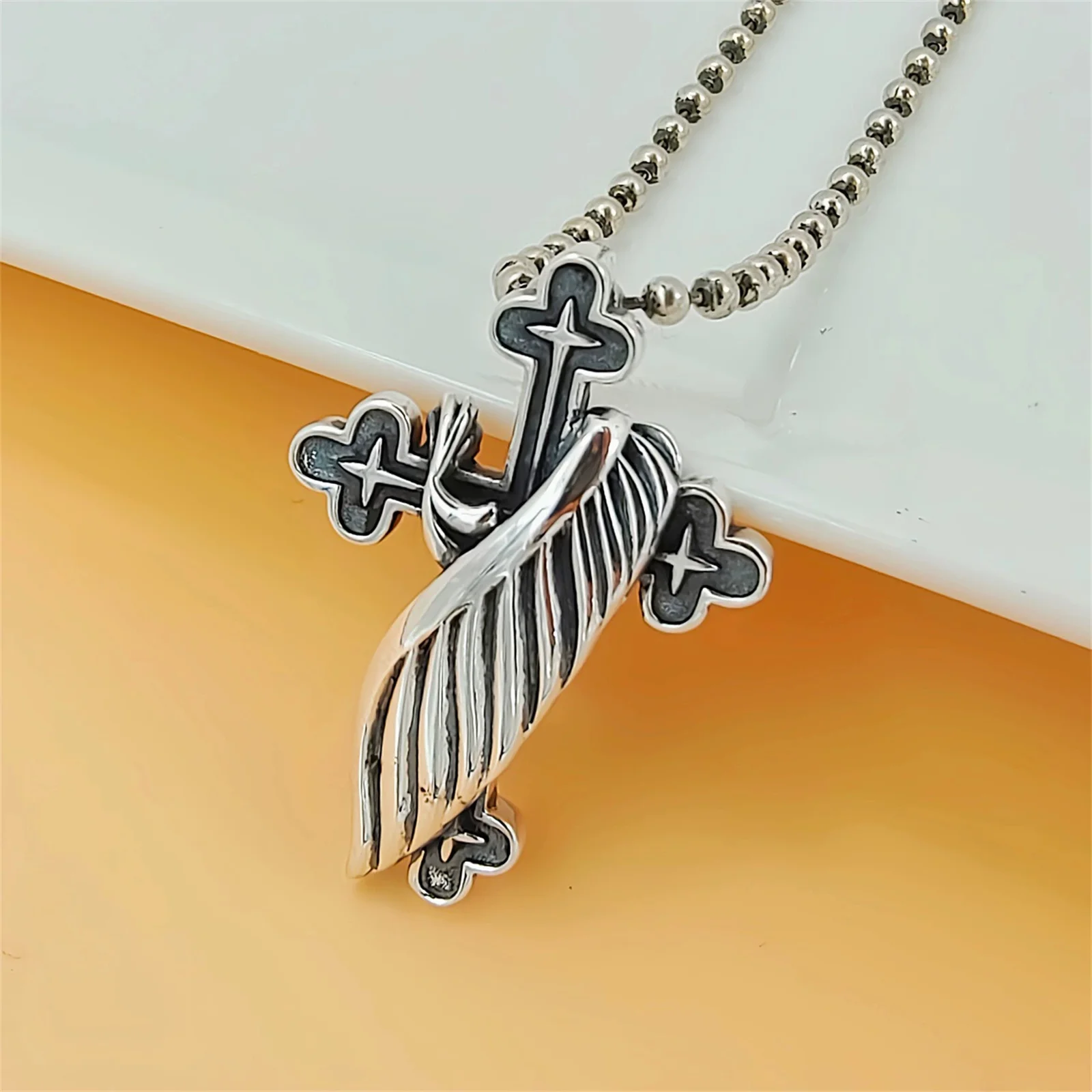 Budded Cross Trefoil With Wing Feather Vintage Sterling Silver 925 Men Women Orthodox Jewelry