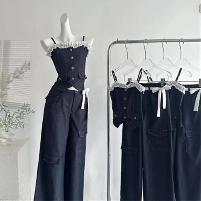 Korean Bow High Waist Wide Leg Pants Y2K Style Dark Blue Denim Two Piece Set Lace Ruffle Cami For Teen Girls Back To School Set