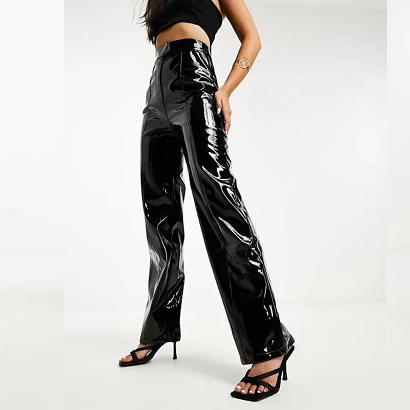 Women High Waist Shiny Faux Leather Straight Pants Ladies Gothic PVC Casual Trousers With Pocket PU Slim Loose Custom Clubwear