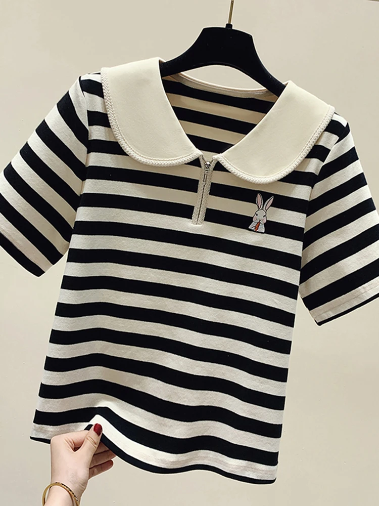 Short sleeved T-shirt Women\'s 2023 Summer New Polo Front Shoulder Stripe Loose Small Top