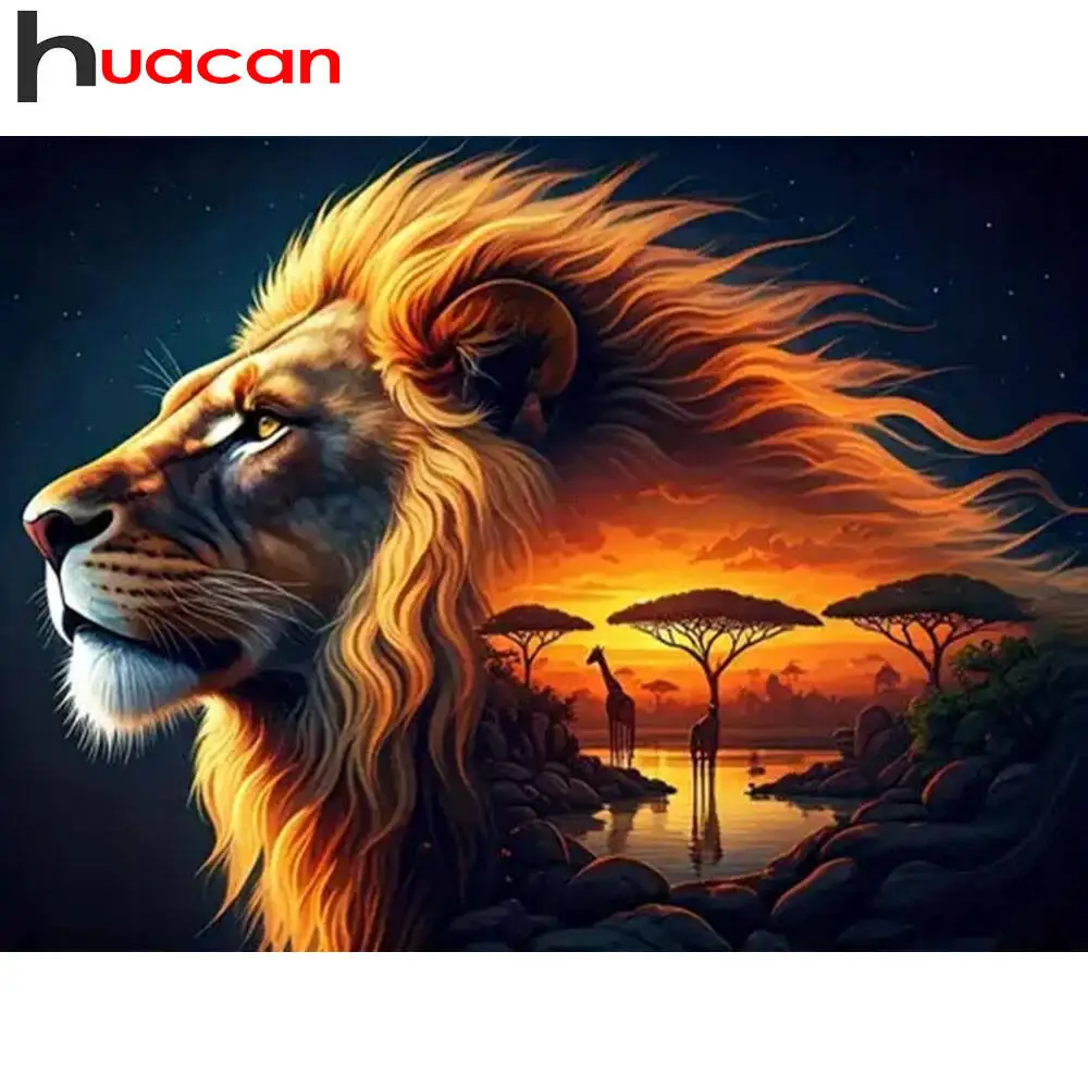 Huacan 5D-Diamantgemälde mit Löwe und Giraffe, Tier-DIY, komplett, quadratisch, rund, Diamant-Mosaik, komplettes Kit, Neuheiten 2025, Stickerei