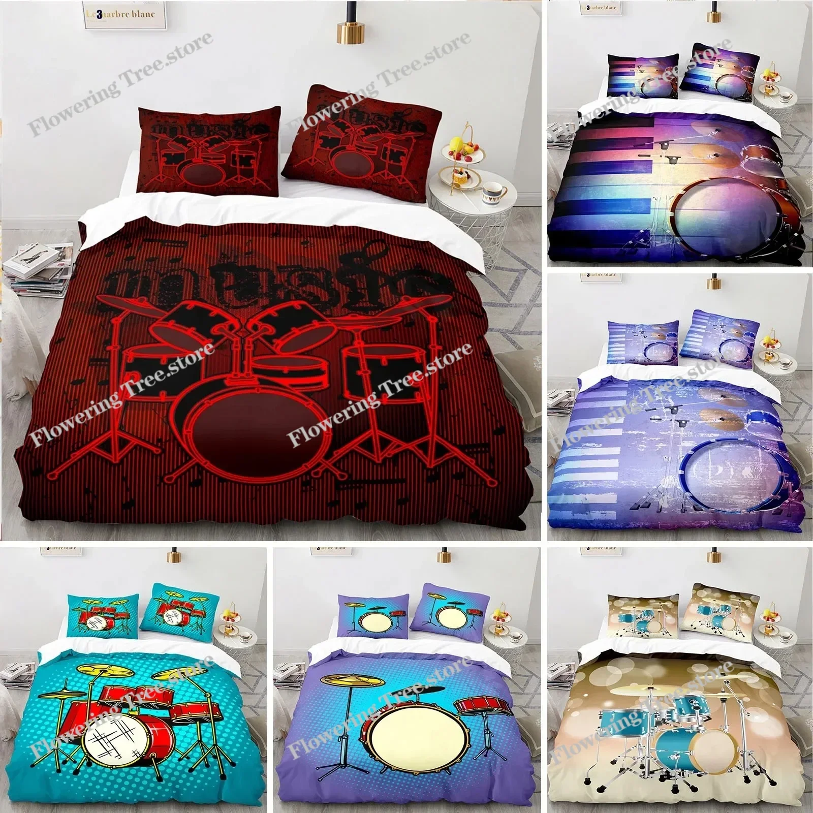 

Drum Kit King Queen Duvet Cover Rock Musical Style Bedding Set for Kids Teens Adults Hip Hop Grunge Polyester Quilt Cover